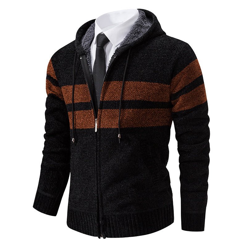 Men's Knit Hooded Jacket With Teddy Lining Contrast Stripes - Harren Cole