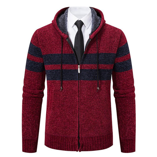 Men's Knit Hooded Jacket With Teddy Lining Contrast Stripes - Harren Cole