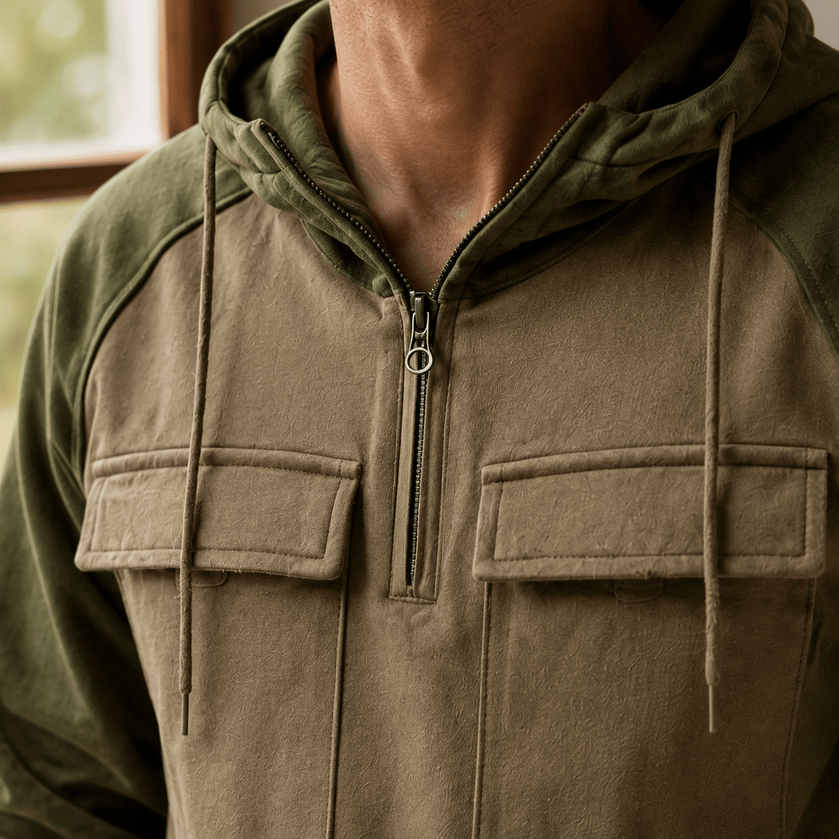 Cotton Blend Half Zip Utility Hoodie - Harren Cole