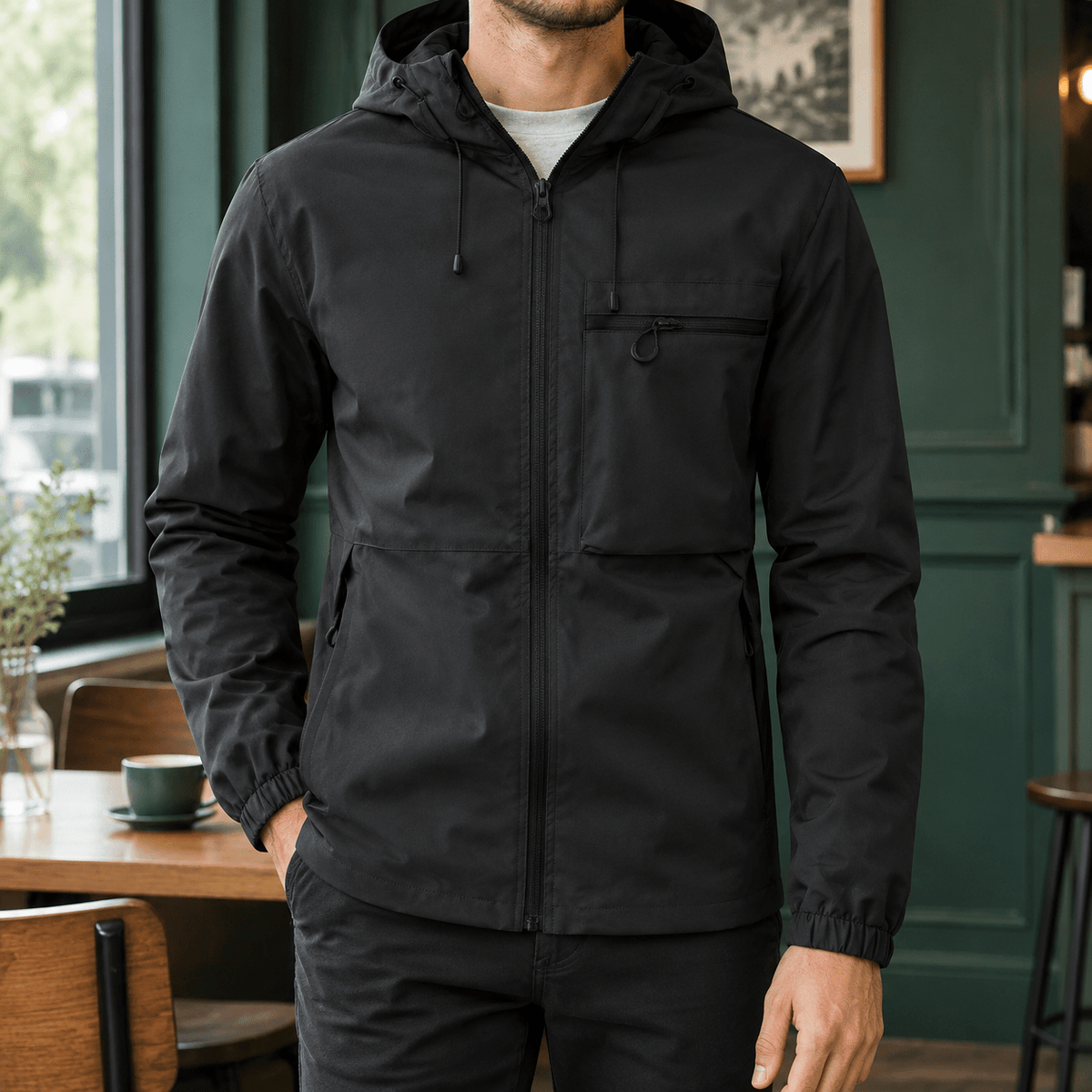 Hooded Woven Blend Jacket With Drawcord Hood - Harren Cole