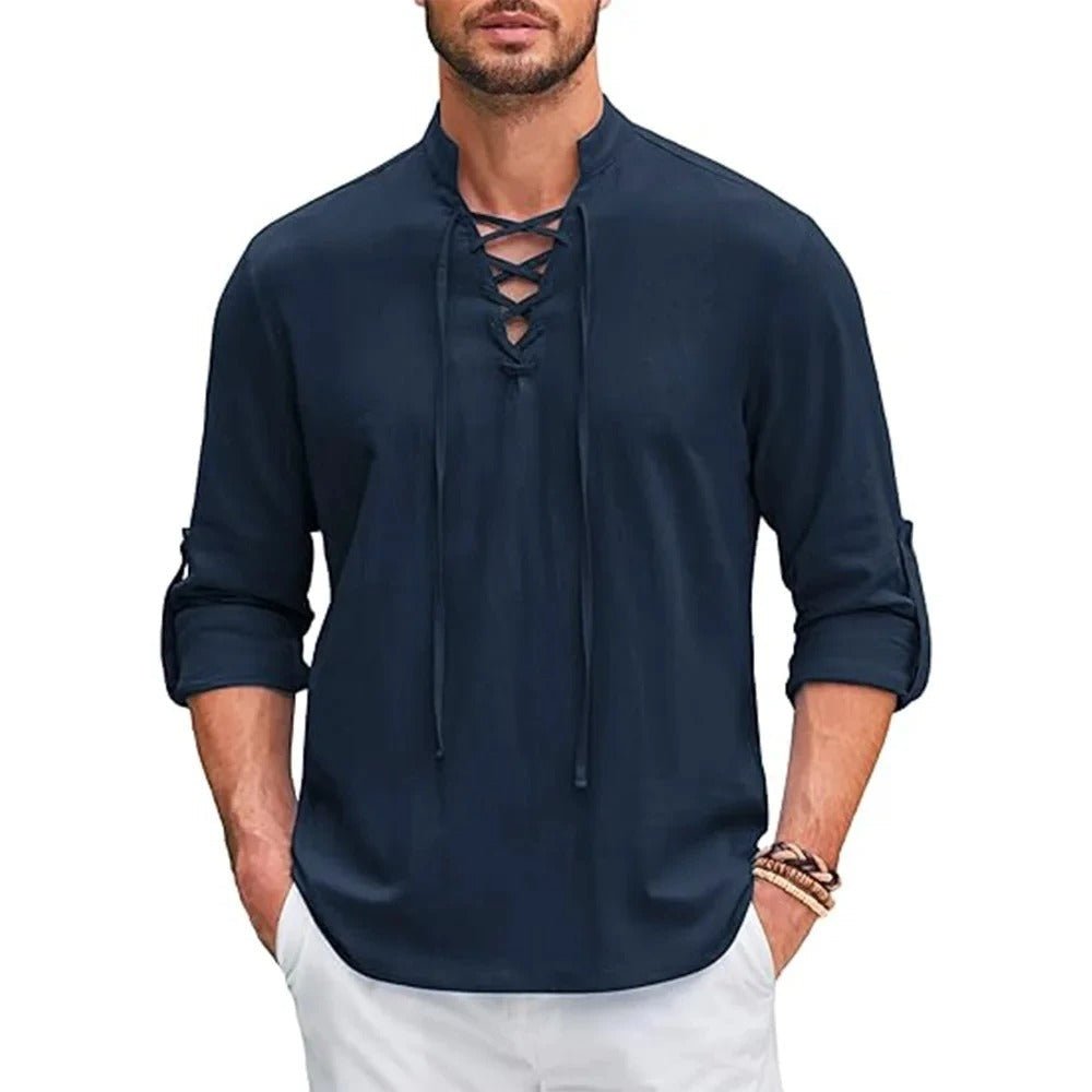 Lace - Up Shirt with Stand - Up Collar - Harren Cole