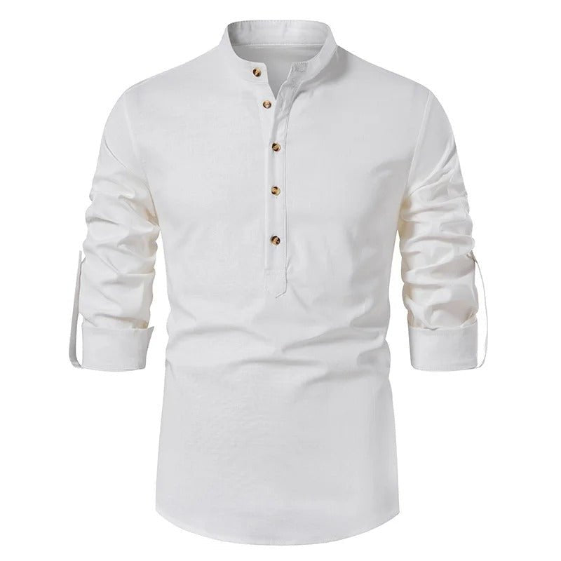 Lightweight Linen Shirt with Stand - Up Collar for Men - Harren Cole