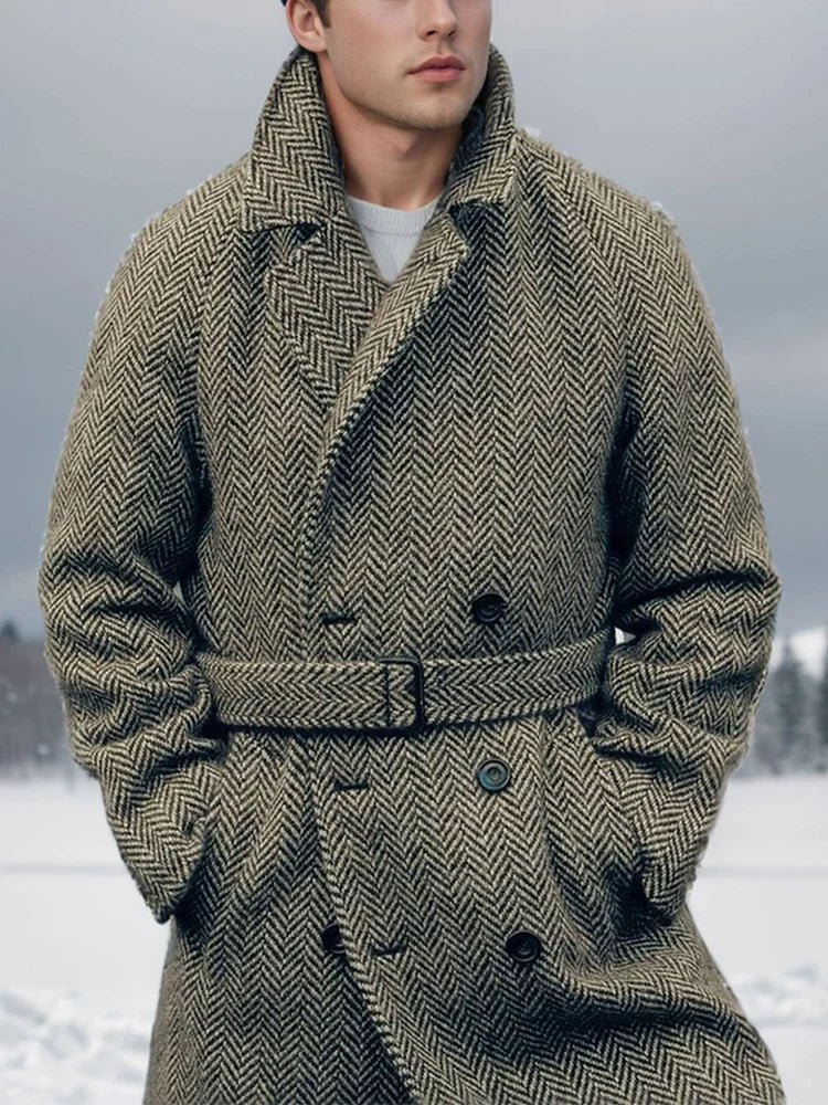 Long Herringbone Pattern Wool Blend Coat - Harren Cole