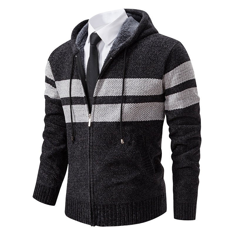 Men's Knit Hooded Jacket With Teddy Lining Contrast Stripes - Harren Cole