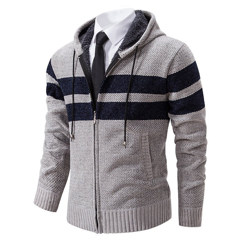 Men's Knit Hooded Jacket With Teddy Lining Contrast Stripes - Harren Cole