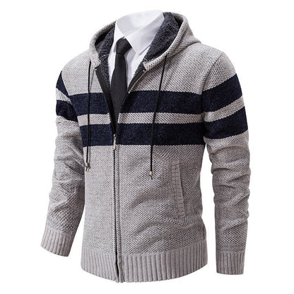 Men's Knit Hooded Jacket With Teddy Lining Contrast Stripes - Harren Cole