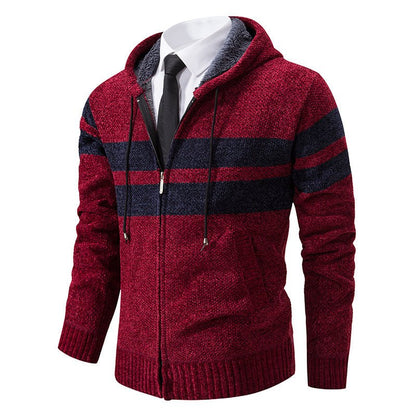 Men's Knit Hooded Jacket With Teddy Lining Contrast Stripes - Harren Cole
