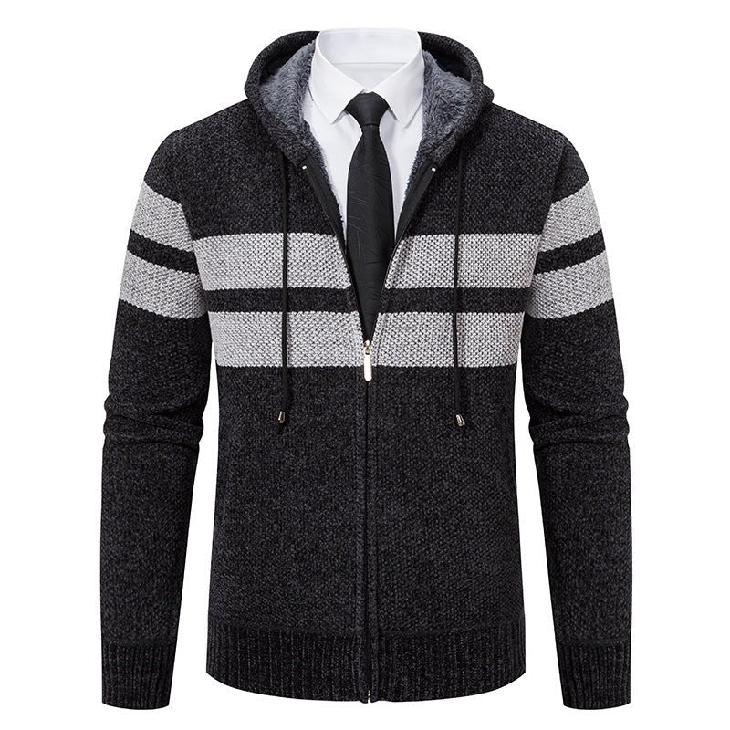 Men's Knit Hooded Jacket With Teddy Lining Contrast Stripes - Harren Cole