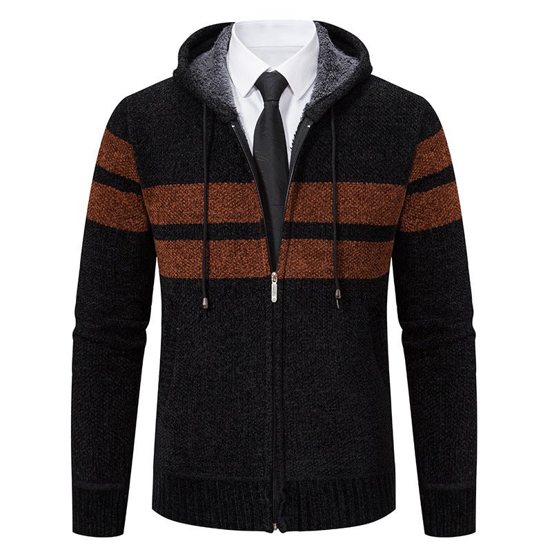 Men's Knit Hooded Jacket With Teddy Lining Contrast Stripes - Harren Cole