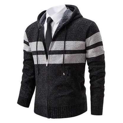 Men's Knit Hooded Jacket With Teddy Lining Contrast Stripes - Harren Cole
