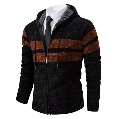 Men's Knit Hooded Jacket With Teddy Lining Contrast Stripes - Harren Cole