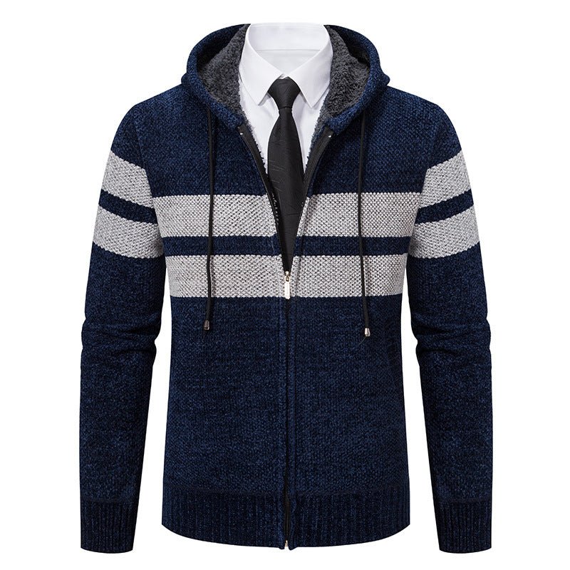 Men's Knit Hooded Jacket With Teddy Lining Contrast Stripes - Harren Cole
