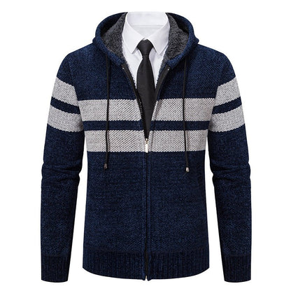 Men's Knit Hooded Jacket With Teddy Lining Contrast Stripes - Harren Cole