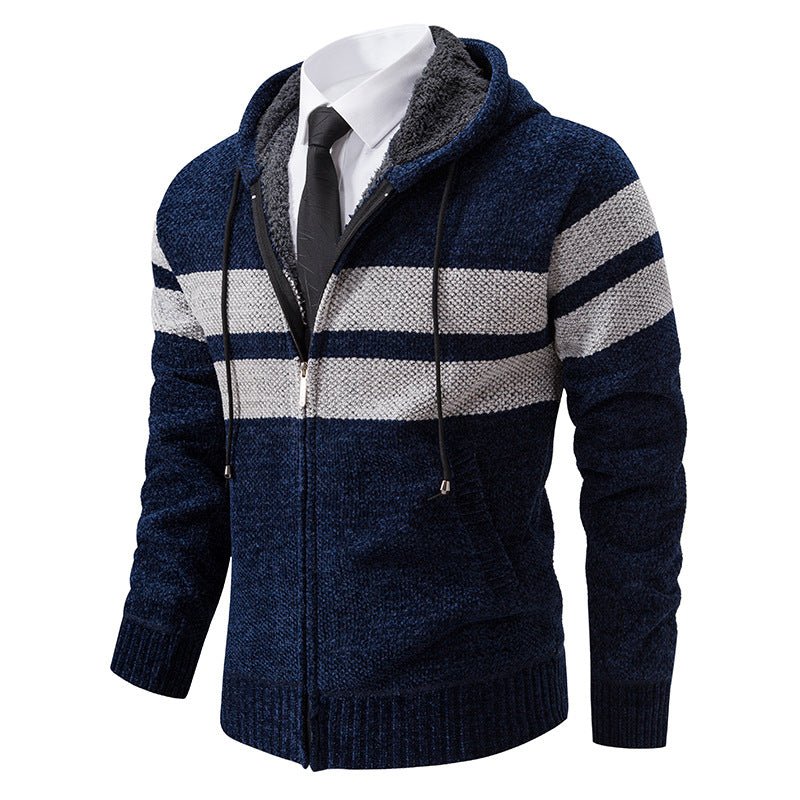 Men's Knit Hooded Jacket With Teddy Lining Contrast Stripes - Harren Cole