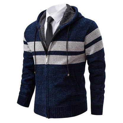 Men's Knit Hooded Jacket With Teddy Lining Contrast Stripes - Harren Cole