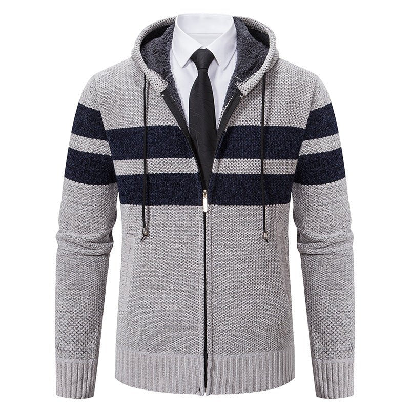 Men's Knit Hooded Jacket With Teddy Lining Contrast Stripes - Harren Cole