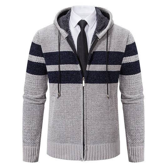 Men's Knit Hooded Jacket With Teddy Lining Contrast Stripes - Harren Cole
