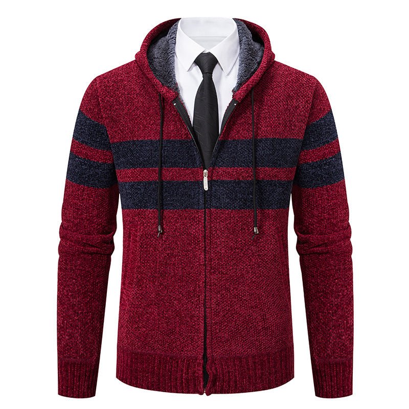 Men's Knit Hooded Jacket With Teddy Lining Contrast Stripes - Harren Cole