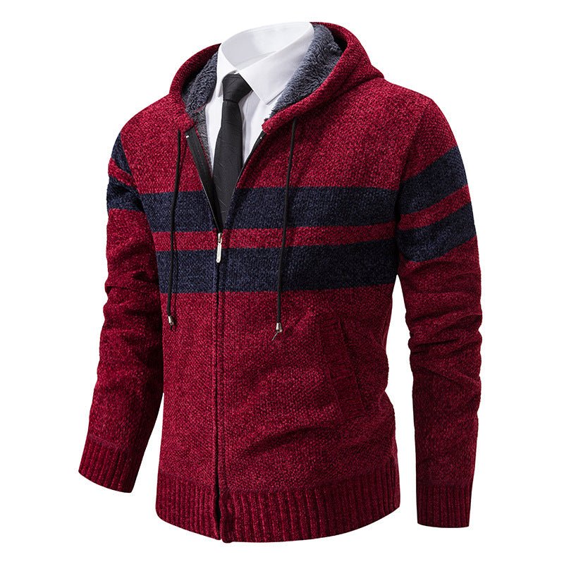 Men's Knit Hooded Jacket With Teddy Lining Contrast Stripes - Harren Cole