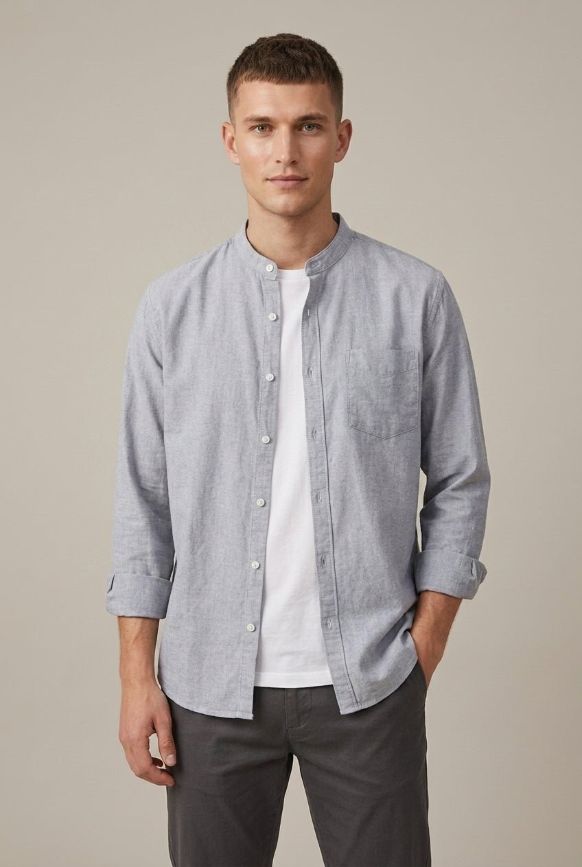 Men's Linen Blend Band Collar Shirt With Pocket - Harren Cole