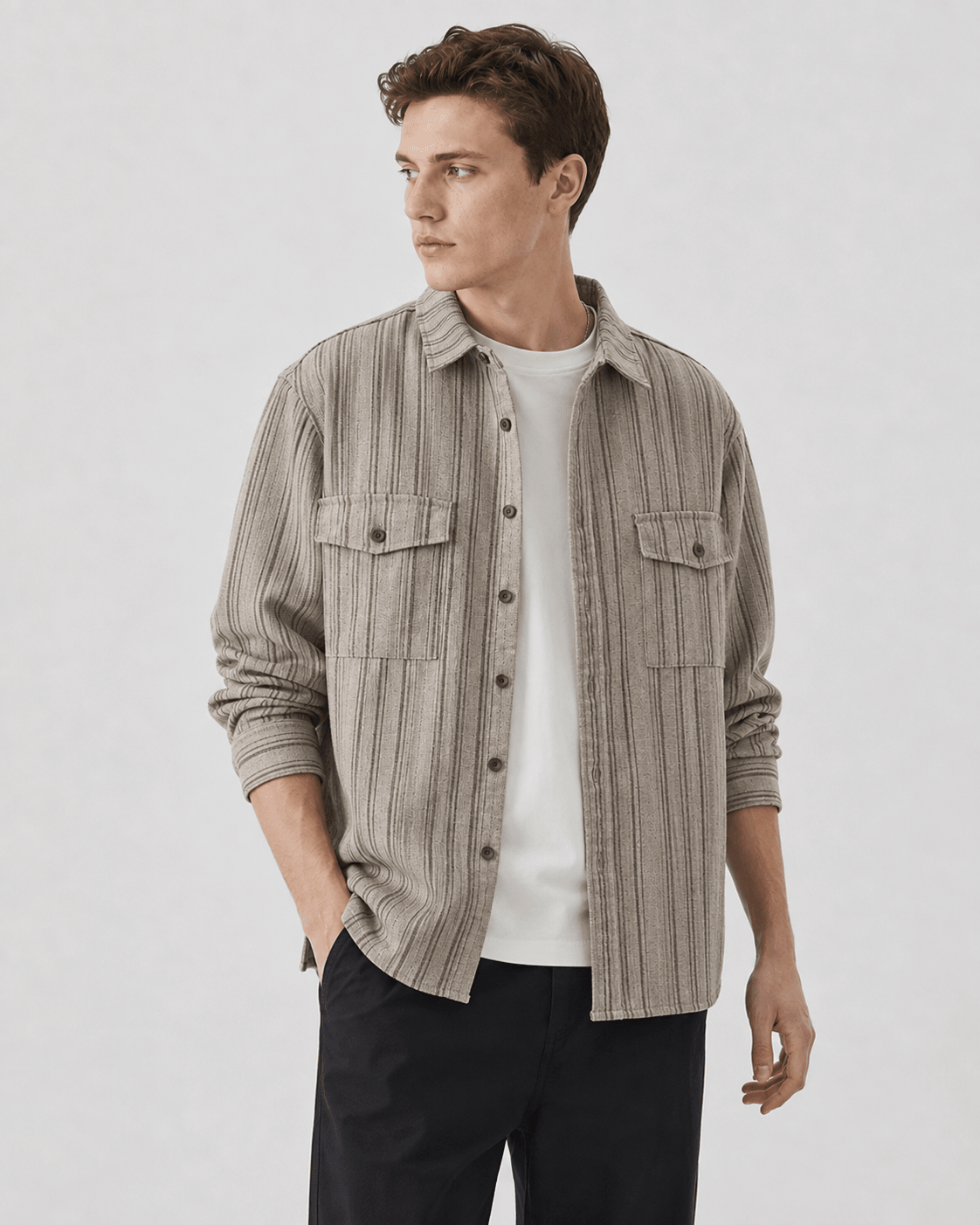 Textured Striped Button-Up Overshirt - Harren Cole