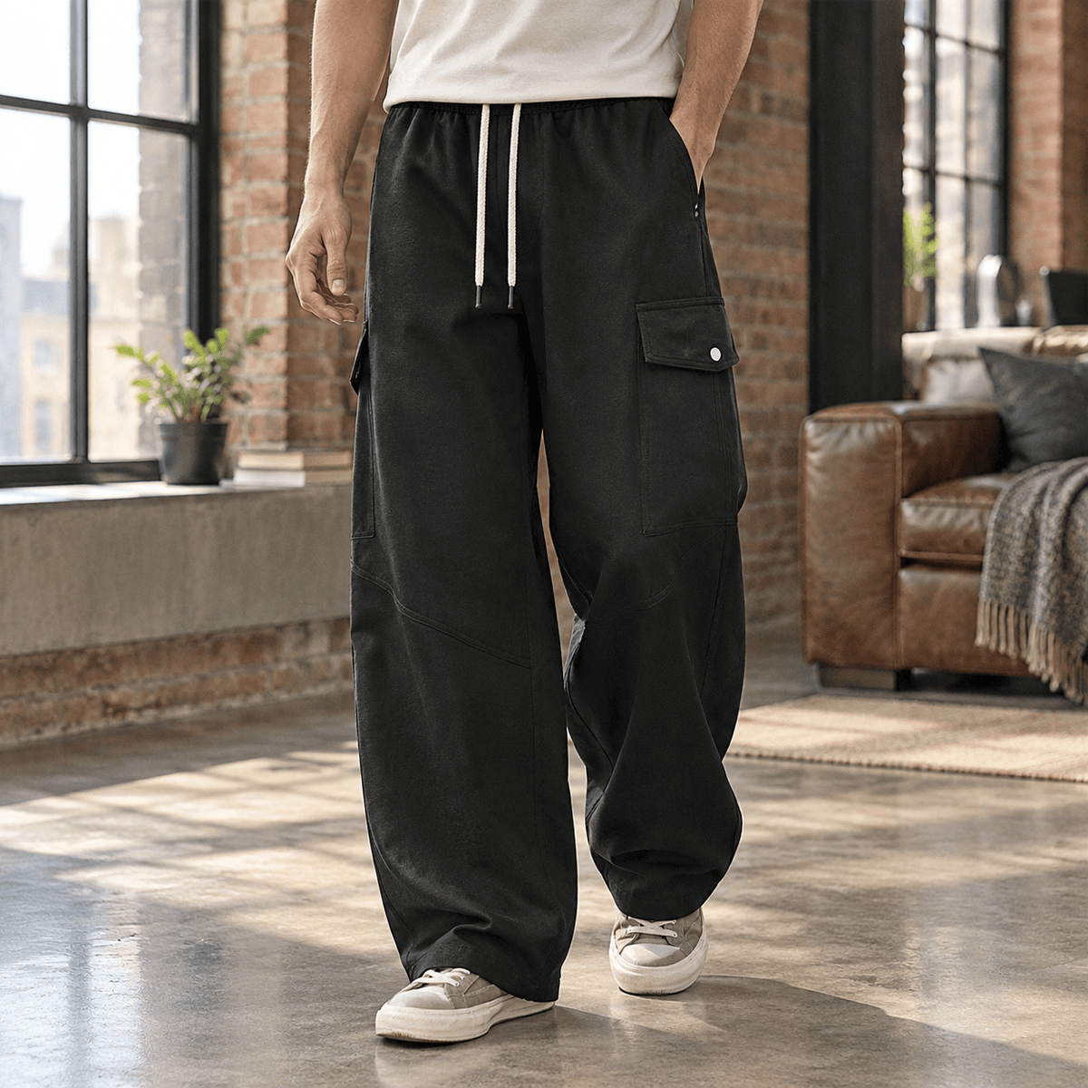 Wide-Leg Cargo Pants With Drawstring Waist - Harren Cole